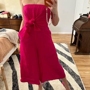 Maeve pink strapless jumpsuit with waist detail